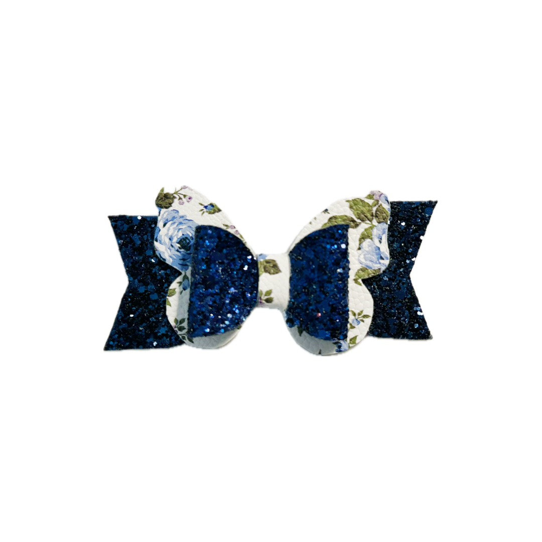 Navy Blue Butterfly Faux Leather Chunky Glitter Double Stack Bow|Headband