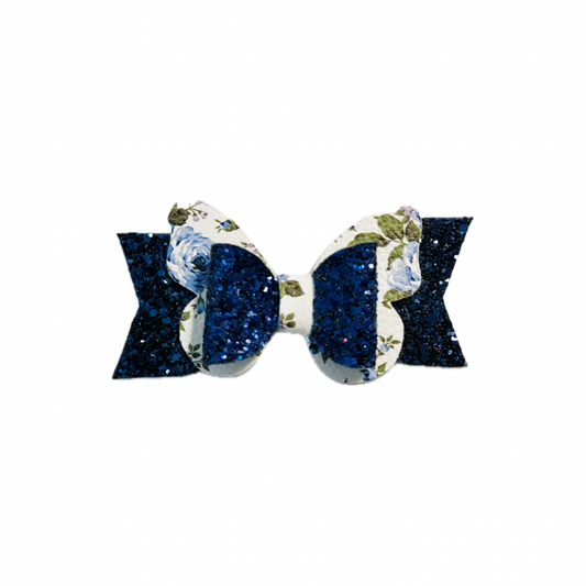 Navy Blue Butterfly Faux Leather Chunky Glitter Double Stack Bow|Headband
