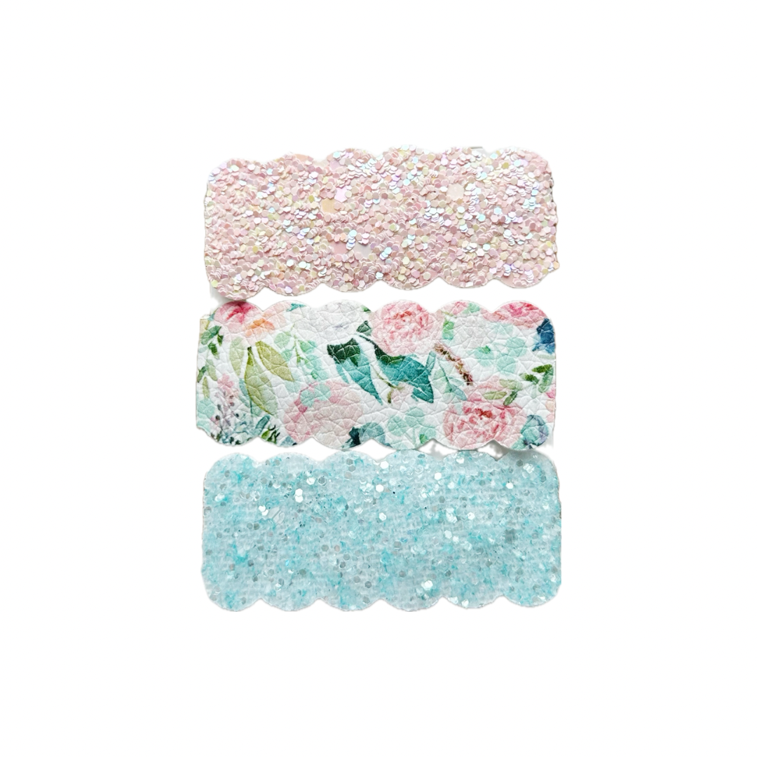 Pastel Floral Faux Leather Chunky Glitter Snap Clip Set