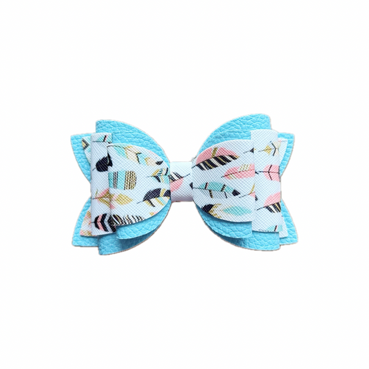 Blue Feather Faux Leather Double Stack Bow|Headband