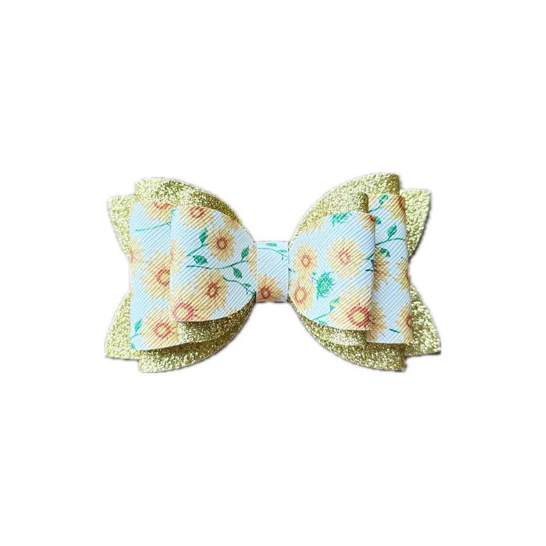 Sunflower Field Faux Leather Fine Glitter Double Stack Bow|Headband
