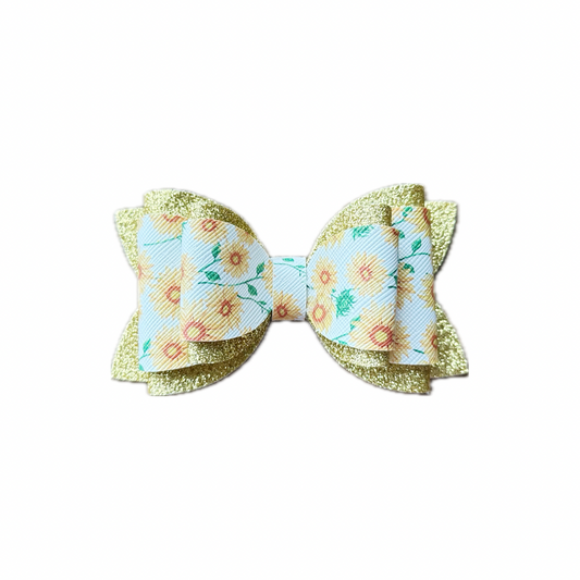 Sunflower Field Faux Leather Fine Glitter Double Stack Bow|Headband