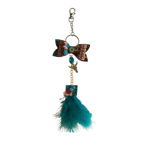 Turquoise Cow Skull Faux Leather Mini Bow Keychain