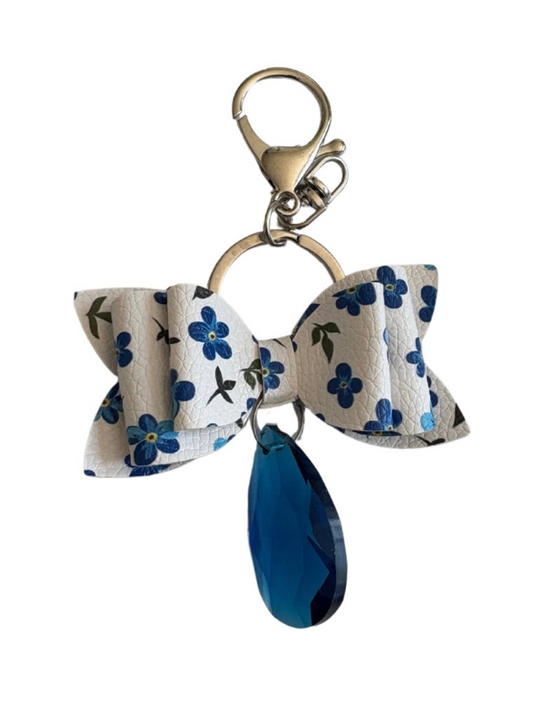 Blue Floral Faux Leather Mini Bow Keychain