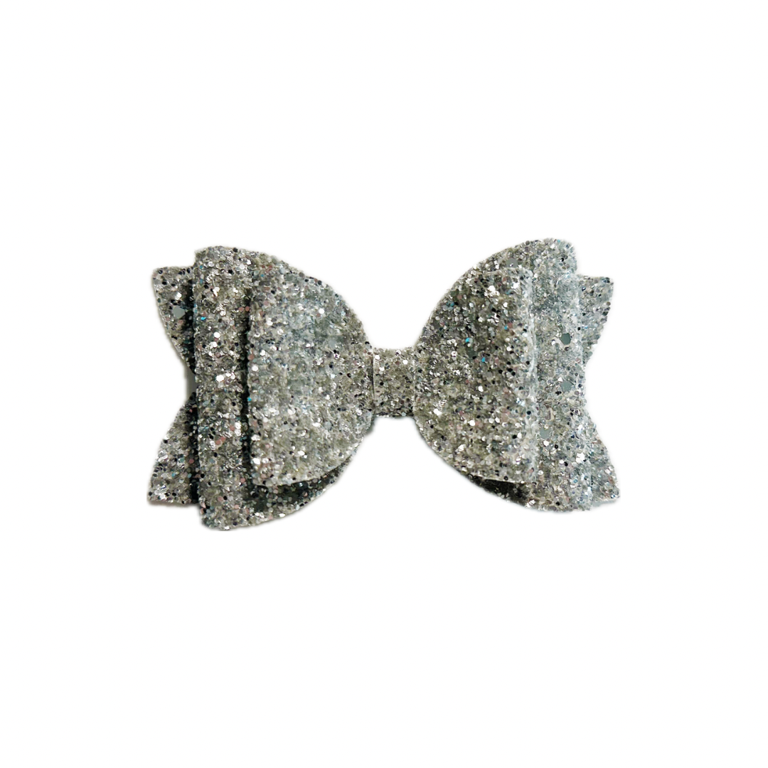 Pure Silver Faux Leather Chunky Glitter Double Stack Bow|Headband