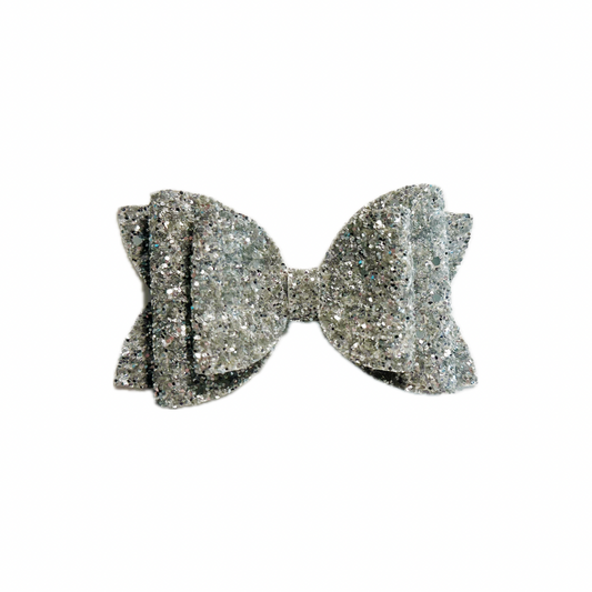 Pure Silver Faux Leather Chunky Glitter Double Stack Bow|Headband