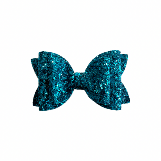 Blue/Teal Faux Leather Chunky Glitter Double Stack Bow|Headband
