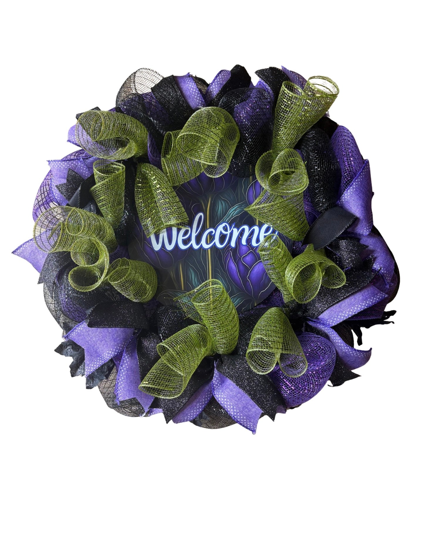 Purple & Green Welcome Poly Mesh Wreath