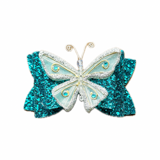Blue Butterfly Faux Leather Chunky Glitter Double Stack Bow|Headband