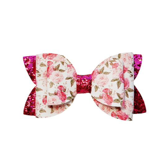 Pink Floral Faux Leather Double Stack Bow|Headband