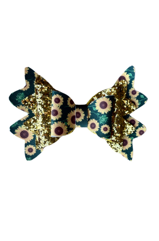 Gold Sunflower Double Stack Faux Leather Bow|Headband
