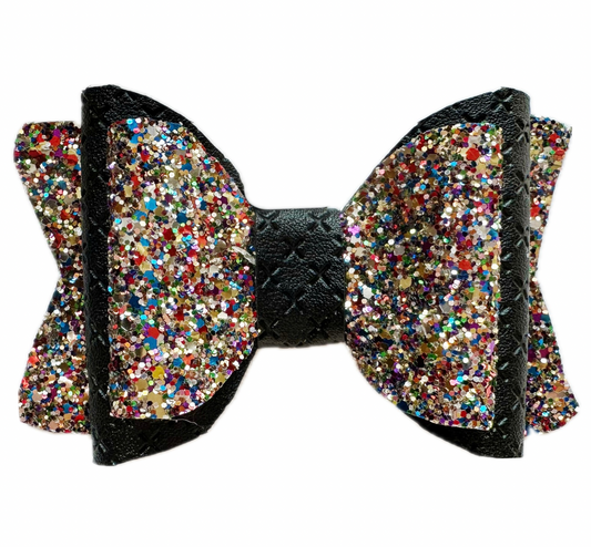 Party Time Faux Leather Chunky Glitter Double Stack Bow|Headband