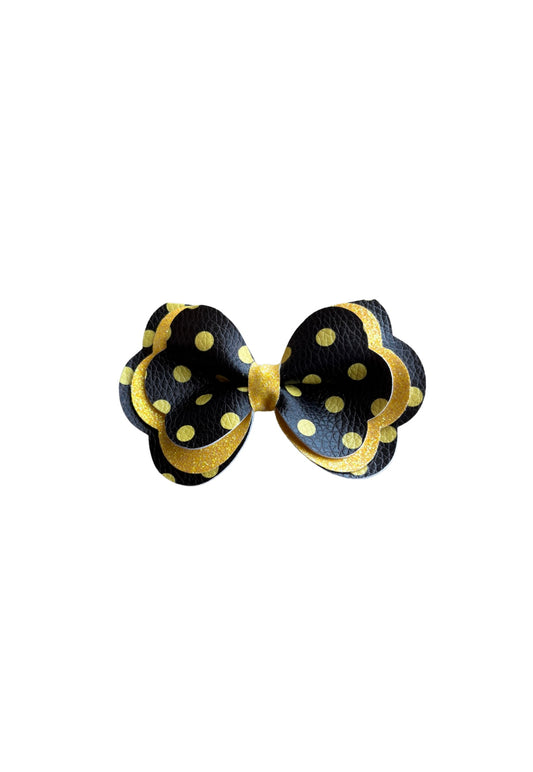 Yellow Polka Dot Triple Stack Faux Leather Pinch Bow|Headband