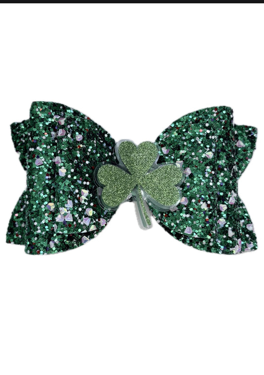 Green Clover Faux Leather Double Stack Bow|Headband