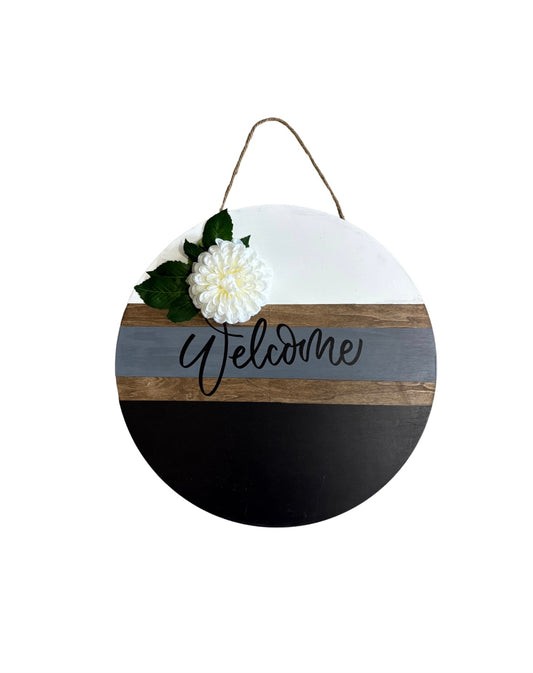 Gray and B&W Welcome Wooden Door Hanger