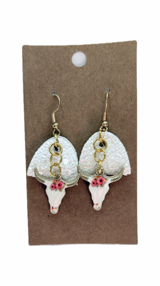 White Floral Cow Skull Faux Leather Earrings