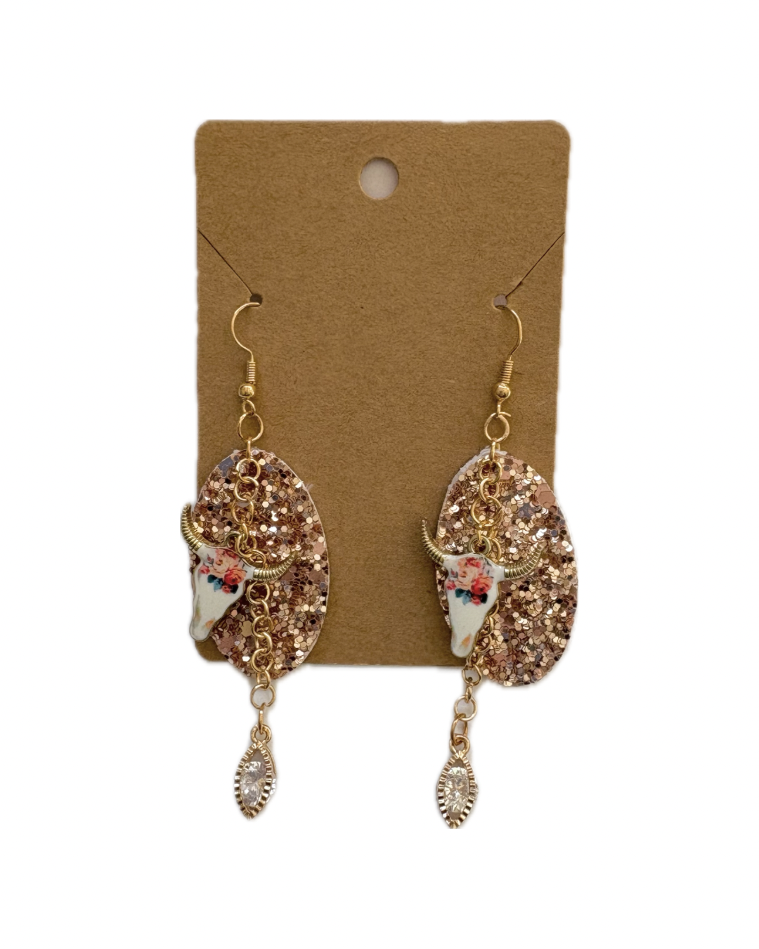Gold Cow Skull Faux Leather Earrings