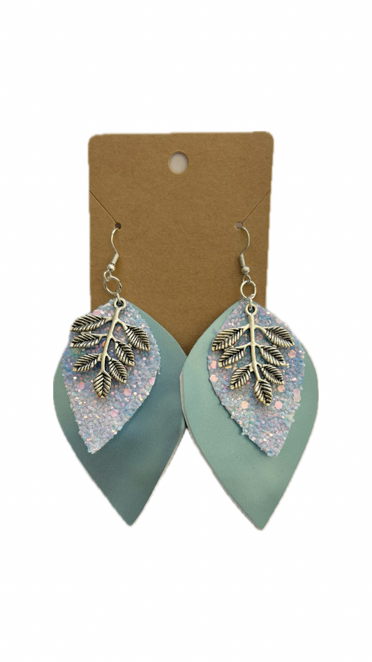 Teal Leaf Teardrop Faux Leather Earrings