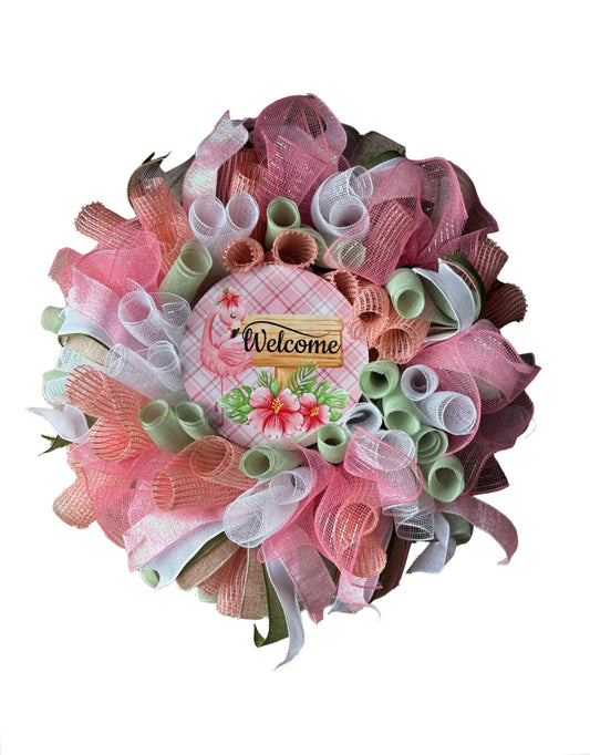 Flamingo Welcome Poly Mesh Wreath