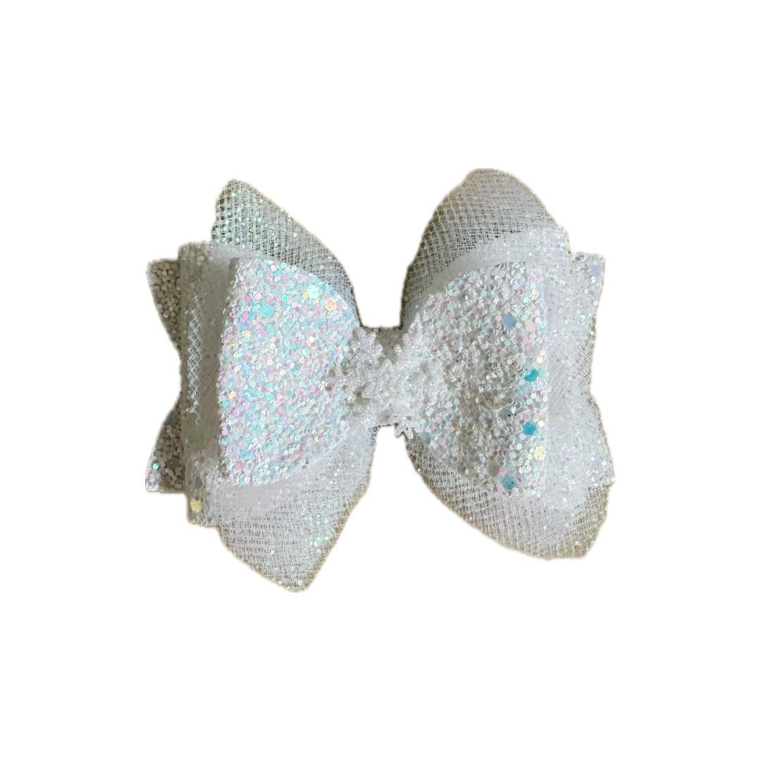 White Snowflake Tulle Faux Leather Chunky Glitter Double Stack Bow|Headband