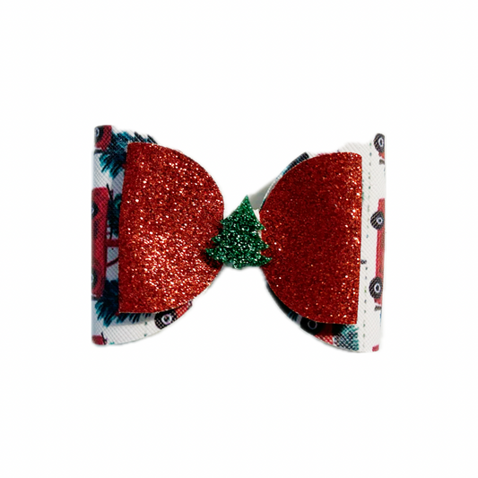 Christmas Truck Faux Leather Fine Glitter Double Stack MINI Bow|Headband