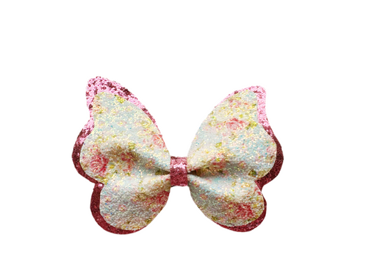 Pink Butterfly Chunky Glitter Faux Leather Pinch Bow|Headband