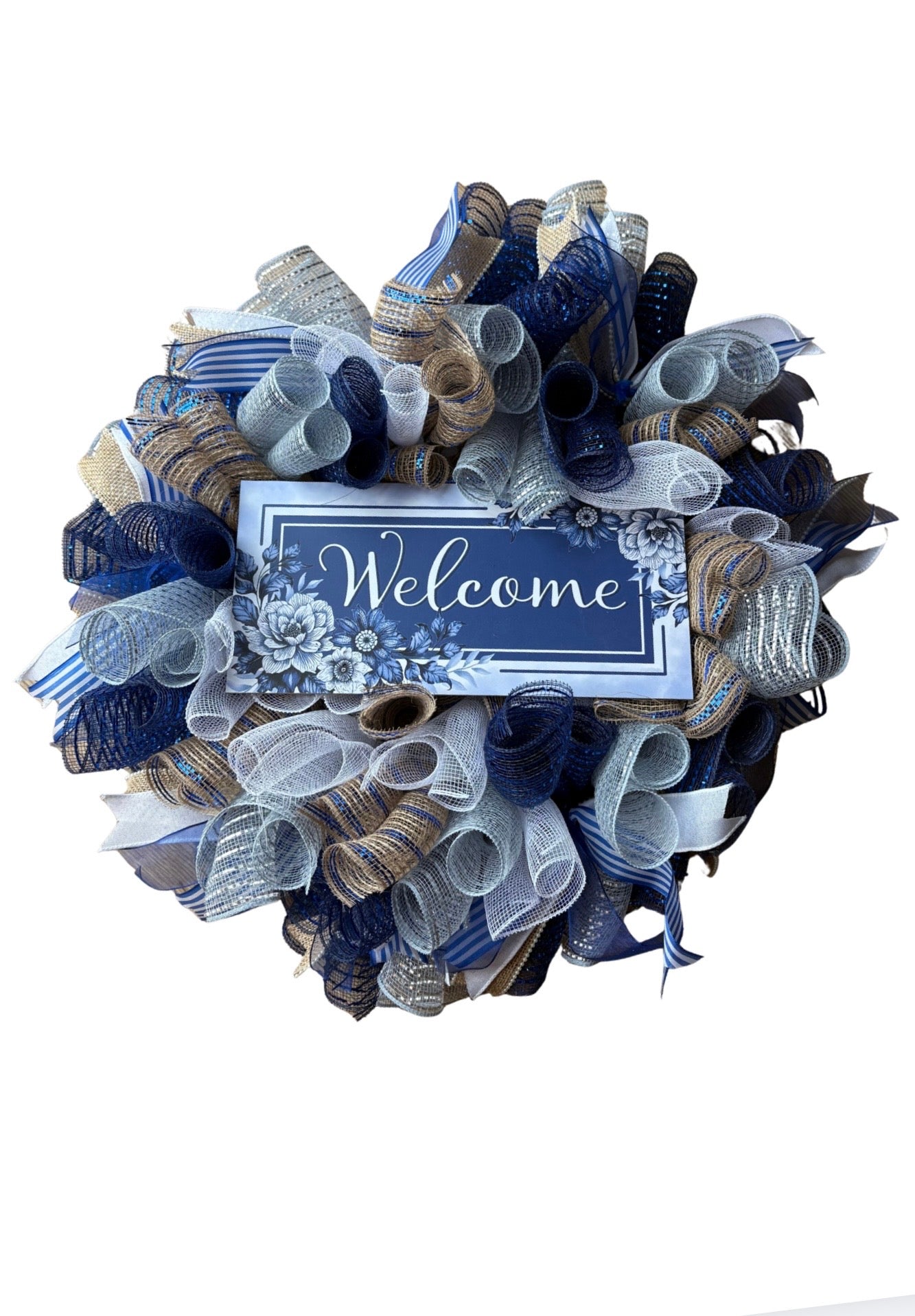 Navy Blue Welcome Poly Mesh Wreath
