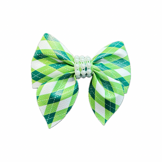 Green Plaid Faux Leather Sailor Bow|Headband