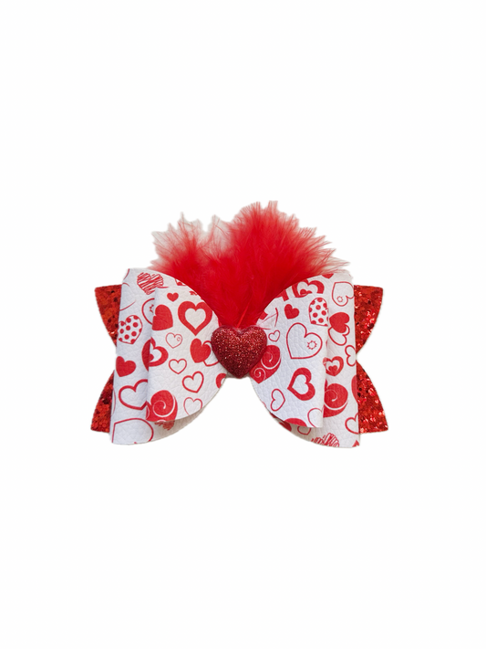 Valentines Feather Faux Leather Chunky Glitter Double Stack Bow|Headband