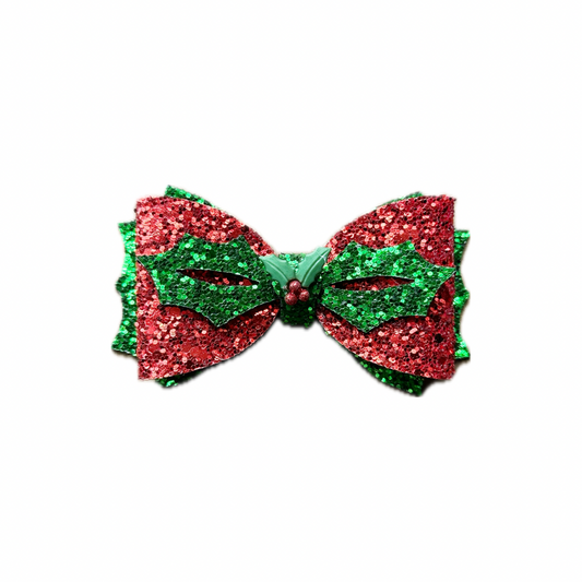 Holiday Holly Faux Leather Chunky Glitter Bow|Headband