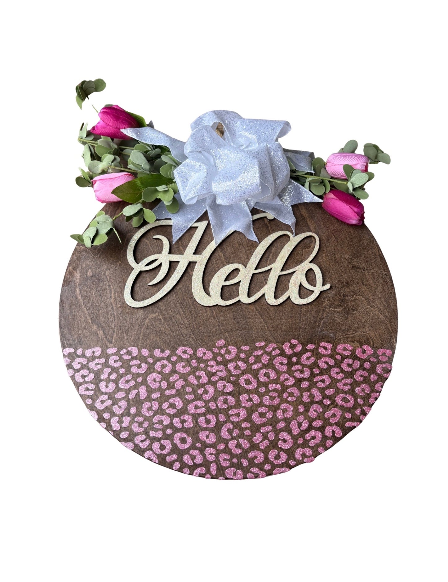 Pink Cheetah Hello Wooden Door Hanger