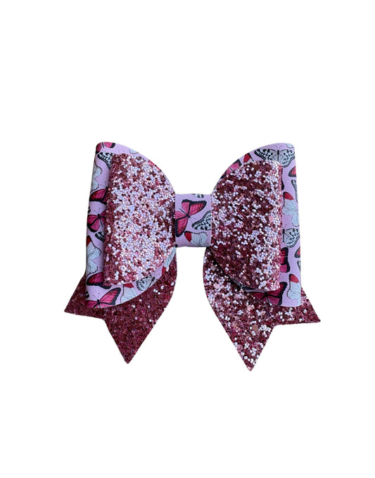 Pink Butterfly Double Stack Faux Leather Bow