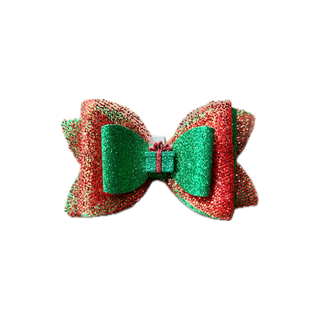 Holiday Present Faux Leather Tulle Fine Glitter Double Stack Bow|Headband