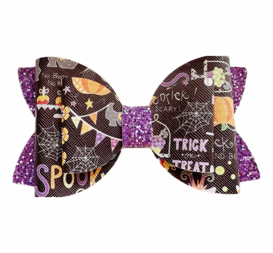 Trick or Treat Chunky Glitter Faux Leather Double Stack Bow|Headband