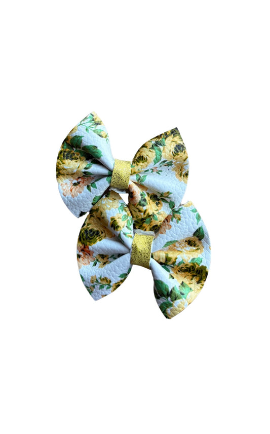 Gold Floral Faux Leather Pinch Piggy Bows
