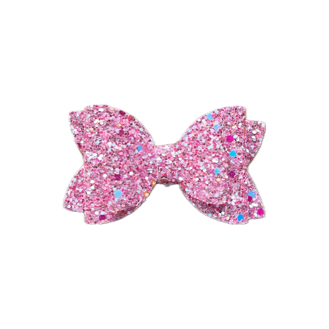 Pink Confetti Faux Leather Chunky Glitter Double Stack MINI Bow|Headband