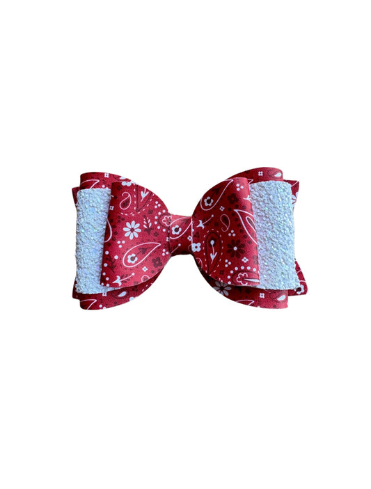 Red Paisley Double Stack Faux Leather Bow | Headband