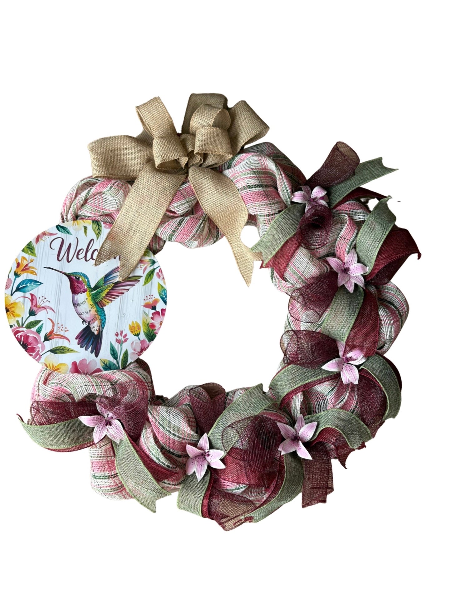 Welcome Hummingbird Poly Mesh Wreath
