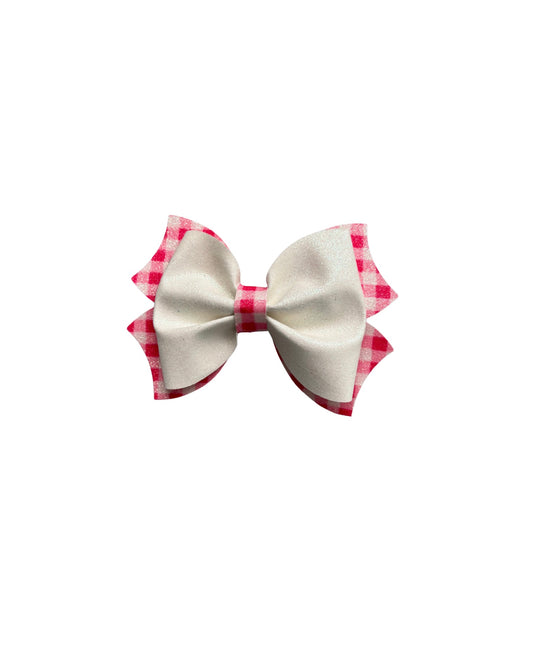 Pink Plaid Faux Leather Double Stack Pinch Bow|Headband