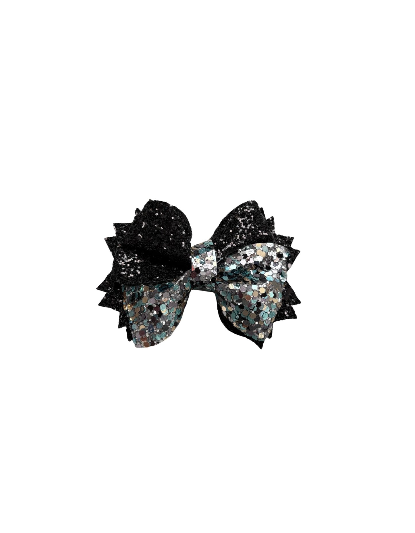 Blue, Silver & Black Chunky Glitter Faux Leather Twist Pinch Bow