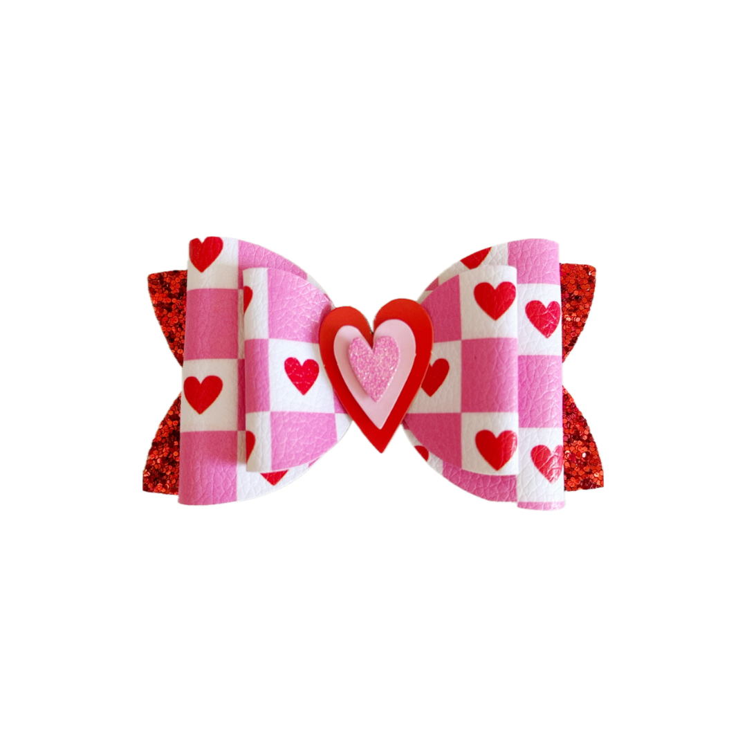 Valentines Hearts Faux Leather Chunky Glitter Double Stack Bow|Headband