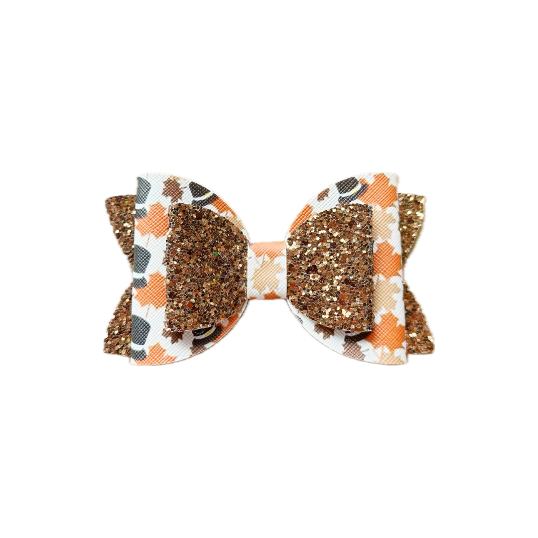 Fall Leaves and Hats Faux Leather Chunky Glitter Double Stack Bow|Headband