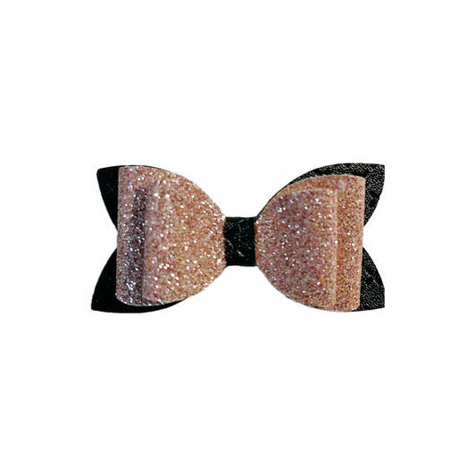 Rose Gold and Black Faux Leather Fine Glitter Double Stack MINI Bow|Headband