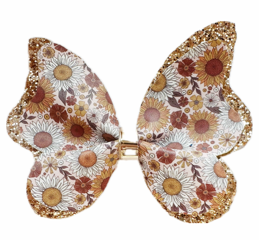 Boho Floral Butterfly Faux Leather Chunky Glitter Pinch Bow|Headband