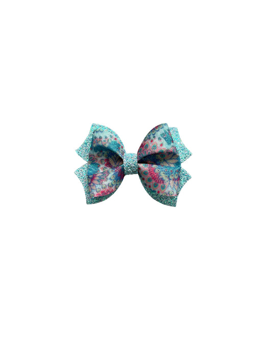Blue Floral Faux Leather Double Stack Pinch Bow| Headband