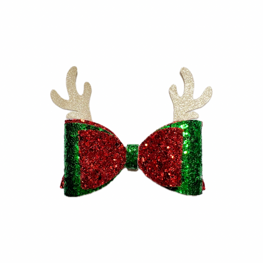 Reindeer Christmas Faux Leather Chunky Glitter Double Stack Bow|Headband