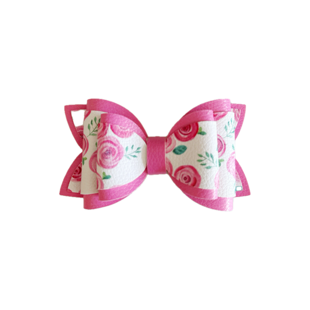 Pink Valentine Floral Faux Leather Double Stack Bow|Headband