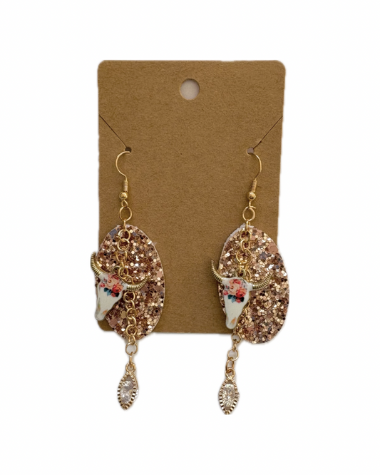 Gold Cow Skull Faux Leather Earrings